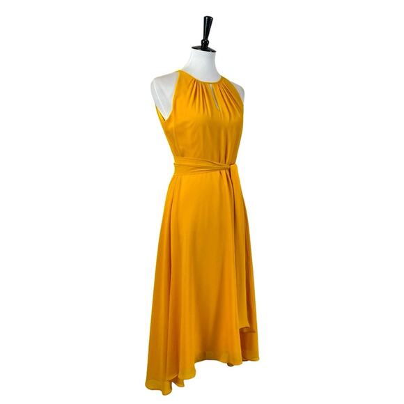 Tahari Petite Midi Dress Keyhole Halter Neck High Low Hem Yellow Women’s Size 6P - Picture 2 of 14